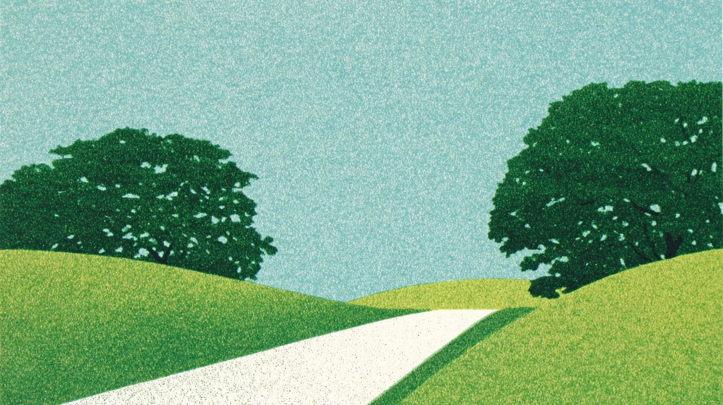 A pale road climbing between two green hills, an oak on each side, under a sky the colour of sea glass.